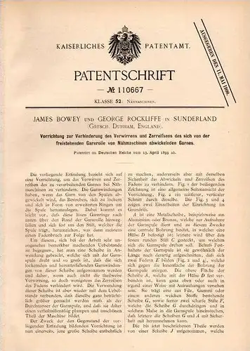 Original Patentschrift - J. Bowey und G. Rockliffe in Sunderland , Durham , 1899 , Apparat für Garn an Nähmaschinen !!!