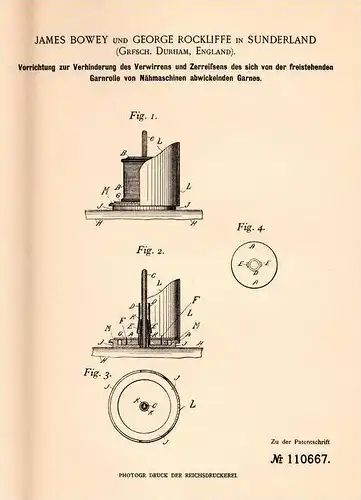 Original Patentschrift - J. Bowey und G. Rockliffe in Sunderland , Durham , 1899 , Apparat für Garn an Nähmaschinen !!!