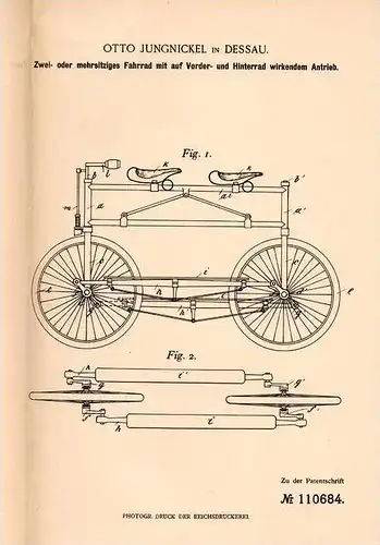 Original Patentschrift - O. Jungnickel in Dessau , 1898 , Mehrsitziges Fahrrad mit Allrad - Antrieb , Tandem !!!