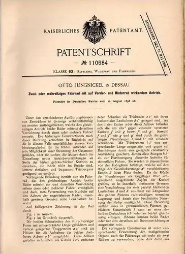 Original Patentschrift - O. Jungnickel in Dessau , 1898 , Mehrsitziges Fahrrad mit Allrad - Antrieb , Tandem !!!