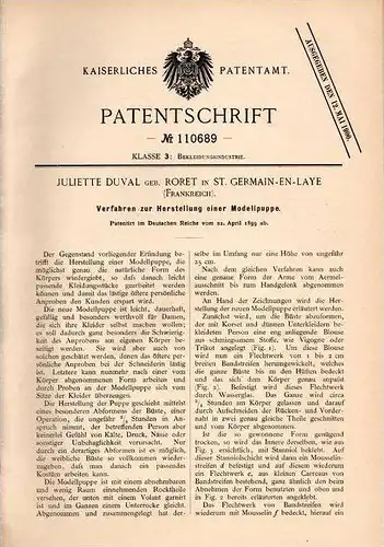 Original Patentschrift - J. Duval in St. Germain en Laye , 1899 , Herstellung von Puppen , Modellpuppen , Puppe !!!