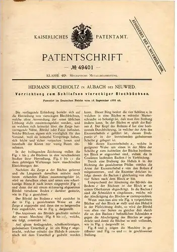 Original Patentschrift - H. Buchholtz in Aubach b. Neuwied , 1888 , Apparat zum Schließen von Blechbüchsen , Büchse !!!