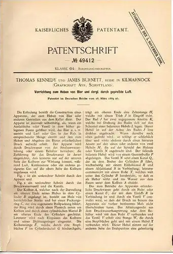 Original Patentschrift -J. Burnett in Kilmarnock , Ayr , 1889 , Apparat zum Heben von Bier , Pub , Beer !!!