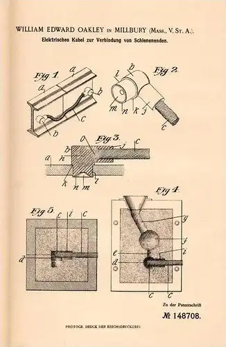 Original Patentschrift - W. Oakley in Millbury , Mass. , USA , 1903 , Elektrisches Kabel für Schienen , Straßenbahn !!!