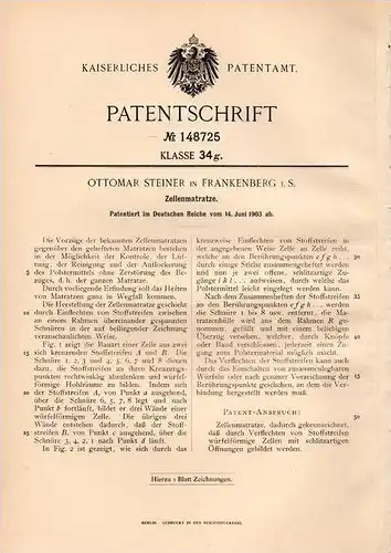 Original Patentschrift - O. Steiner in Frankenberg i.S., 1903 , Zellenmatraze , Matratze !!!