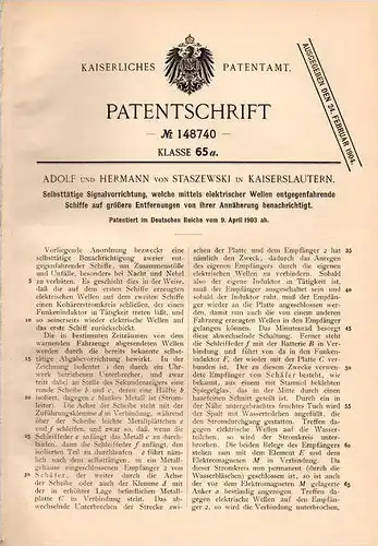Original Patentschrift - Adolf von Staszewski in Kaiserslautern ,1903, Signalvorrichtung für Schiffe bei Nacht und Nebel