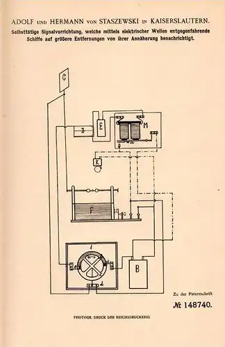 Original Patentschrift - Adolf von Staszewski in Kaiserslautern ,1903, Signalvorrichtung für Schiffe bei Nacht und Nebel