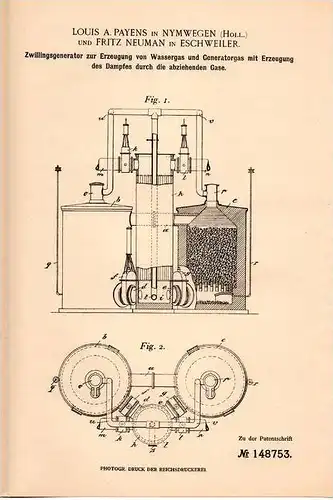 Original Patentschrift - F. Neumann in Eschweiler und Nymwegen , 1902 , Zwillingsgenerator zur Wassergas - Erzeugung !!!