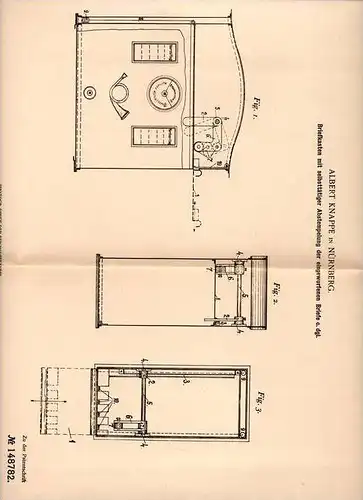 Original Patentschrift - Briefkasten mit Abstempelung der Briefe , 1903 , A. Knappe in Nürnberg , Post , Posthorn !!!