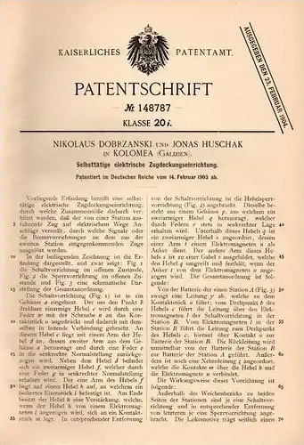 Original Patentschrift - J. Huschak in Kolomea , 1903 , elektrische Zugdeckung , Eisenbahn !!!