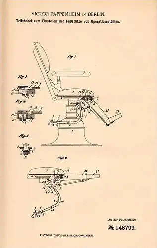 Original Patentschrift -  Stuhl für Operation , OP - Stuhl , 1902 , V. Pappenheim in Berlin , Zahnarzt !!!