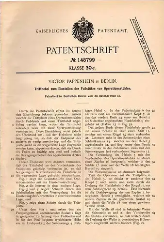 Original Patentschrift -  Stuhl für Operation , OP - Stuhl , 1902 , V. Pappenheim in Berlin , Zahnarzt !!!