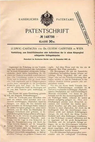 Original Patentschrift - Dr. G. Gaertner in Wien , 1902 , Apparat zum Sichtbarmachen vom Schlagader - Puls , Arzt !!!