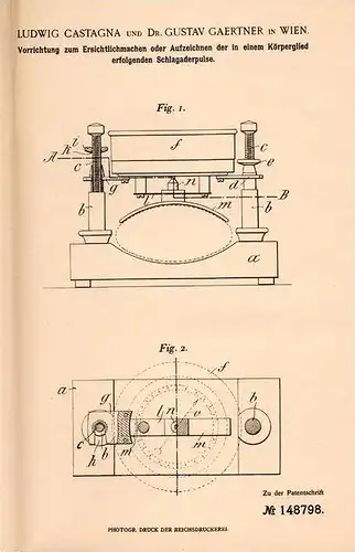 Original Patentschrift - Dr. G. Gaertner in Wien , 1902 , Apparat zum Sichtbarmachen vom Schlagader - Puls , Arzt !!!