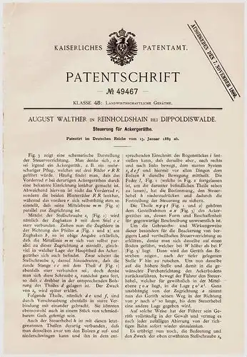 Original Patentschrift - A. Walther in Reinholdshain b. Dippoldiswalde , 1889 , Steuerung für Ackergeräte , Pflug !!!
