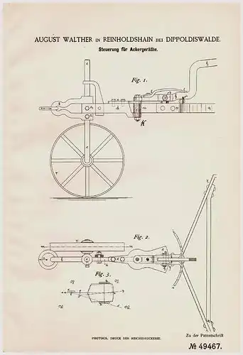 Original Patentschrift - A. Walther in Reinholdshain b. Dippoldiswalde , 1889 , Steuerung für Ackergeräte , Pflug !!!