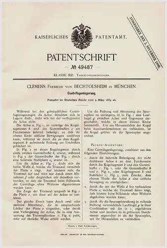 Original Patentschrift - Clemens Freiherr von Bechtolsheim in München , 1889 , Centrifugen - Lagerung !!!
