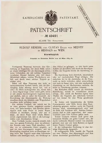 Original Patentschrift - Gustav Edler von Medvey in Hernals b. Wien , 1889, Alarmteppich , Alarmanlage , Einbruch , Dieb