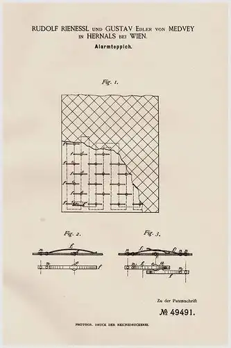 Original Patentschrift - Gustav Edler von Medvey in Hernals b. Wien , 1889, Alarmteppich , Alarmanlage , Einbruch , Dieb