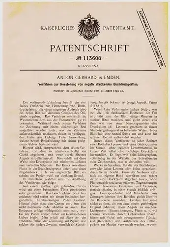 Original Patentschrift - A. Gerhard in Emden , 1899 , Herstellung von Buchdruck - Platten , Druckerei !!!
