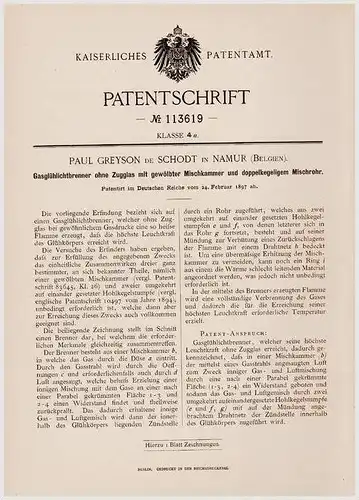 Original Patentschrift - Paul Greyson de Schodt in Namur , 1897 , Gasglühlichtbrenner , Lampe !!!
