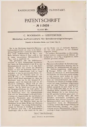Original Patentschrift - C. Moormann in Geestemünde , 1899 , Verschluß für Entwässerungsleitungen , Bremerhaven !!!