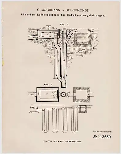 Original Patentschrift - C. Moormann in Geestemünde , 1899 , Verschluß für Entwässerungsleitungen , Bremerhaven !!!