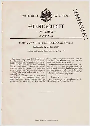Original Patentschrift - E. Marty in Ribérac - Dordogne , 1900 , Filz aus Kamelhaar , Kamel , Papiermacher , Papier !!!