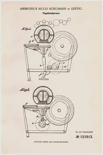 Original Patentschrift - Tiegeldruckpresse , 1900 ,  A. Schumann in Leipzig , Presse , Tiegeldruck !!!