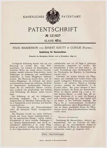 Original Patentschrift - E. Couty in Conlie , 1899 , Saatleitung für Säemaschine , Landwirtschaft !!!