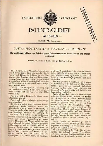Original Patentschrift - G. Floetenmeyer in Vogelsang b. Hagen i.W., 1898 , Schußanlage gegen Einbruch , Alarmanlage !!!