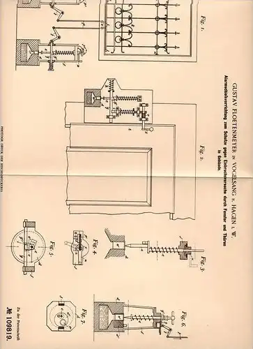 Original Patentschrift - G. Floetenmeyer in Vogelsang b. Hagen i.W., 1898 , Schußanlage gegen Einbruch , Alarmanlage !!!