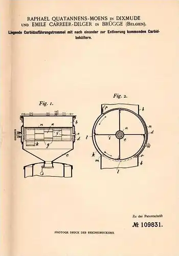 Original Patentschrift - R. Moens in Dixmude und Brügge , 1897 , Carbid - Trommel , Acetylenentwickler !!!