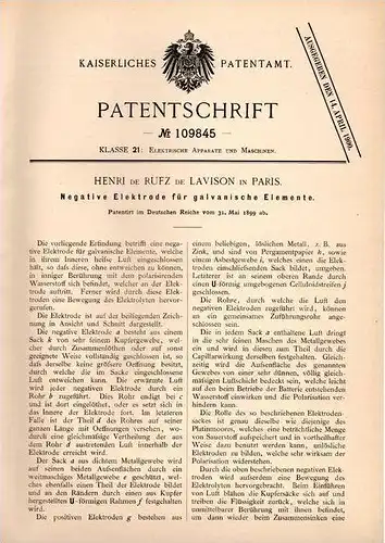 Original Patentschrift - Henri de Rufz de Lavison in Paris , 1899 , Negative Elektrode für galvanische Elemente !!!