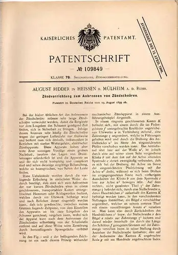 Original Patentschrift - A. Ridder in Heissen b. Mülheim a.d. Ruhr ,1899, Apparat für Zündschnüre , Bergbau , Sprengung