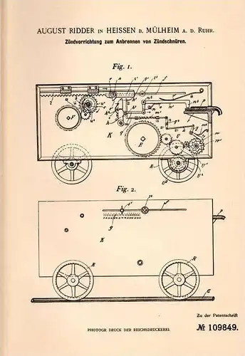 Original Patentschrift - A. Ridder in Heissen b. Mülheim a.d. Ruhr ,1899, Apparat für Zündschnüre , Bergbau , Sprengung