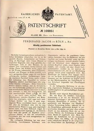 Original Patentschrift - F. Jacob in Köln a. Rh., 1899 , allseitig geschlossener Schlafsack !!!