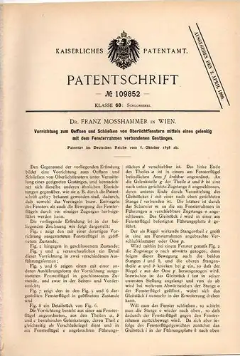 Original Patentschrift - Dr. Franz Mosshammer in Wien , 1898 , Vorrichtung für Oberlichtfenster , Fenster !!!