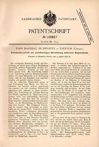 Original Patentschrift - J. Humphreys in Trenton , Canada , 1898 , Glasmacherpfeife , Glas - Manufactur !!!
