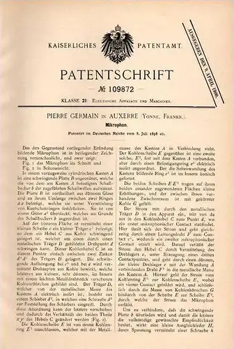 Original Patentschrift - P. Germain in Auxerre , Yonne , 1898 , Mikrophon , Mikrofon !!!
