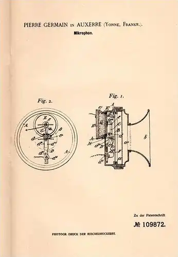 Original Patentschrift - P. Germain in Auxerre , Yonne , 1898 , Mikrophon , Mikrofon !!!