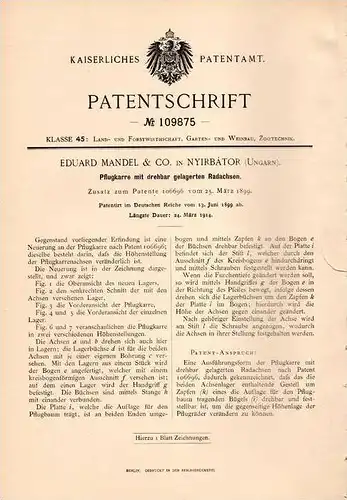 Original Patentschrift - E. Mandel & Co. in Nyirbátor , Ungarn , 1899 , Pflugkarre , Pflug , Landwirtschaft !!!