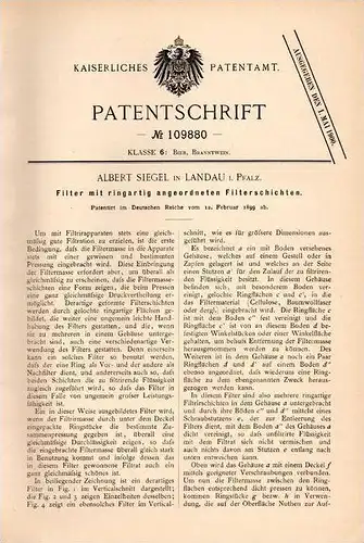 Original Patentschrift - A. Siegel in Landau i. Pfalz , 1899 , Filter mit ringartigen Filterschichten !!!
