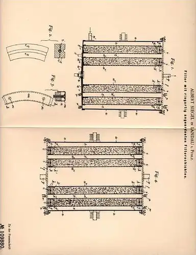 Original Patentschrift - A. Siegel in Landau i. Pfalz , 1899 , Filter mit ringartigen Filterschichten !!!