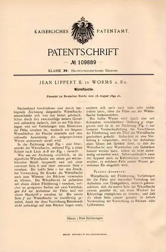 Original Patentschrift - Jean Lippert II. in Worms a. Rh., 1899 , Wärmflasche !!!