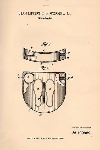 Original Patentschrift - Jean Lippert II. in Worms a. Rh., 1899 , Wärmflasche !!!