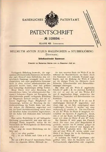 Original Patentschrift - H. Hallengreen in Stubbekøbing , Dänemark , 1898 , selbstkassierender Gasmesser , Gas !!!