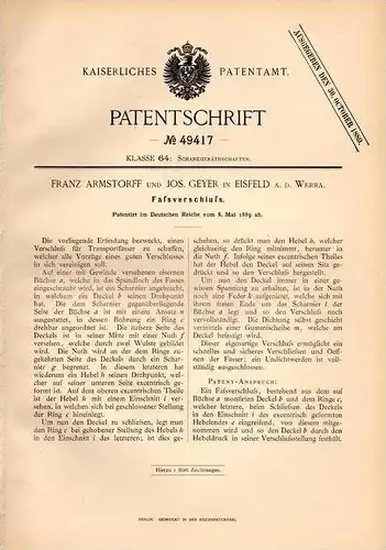 Original Patentschrift - F. Armstorff in Eisfeld a.d. Werra , 1889 , Faßverschluß für Fässer !!!