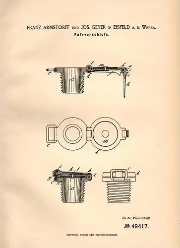 Original Patentschrift - F. Armstorff in Eisfeld a.d. Werra , 1889 , Faßverschluß für Fässer !!!