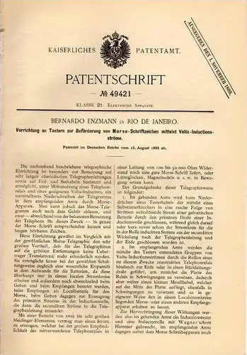 Original Patentschrift - B. Enzmann in Rio de Janeiro , 1888 , Morse - Schriftzeichen mit Volta Induction , Morsen !!!